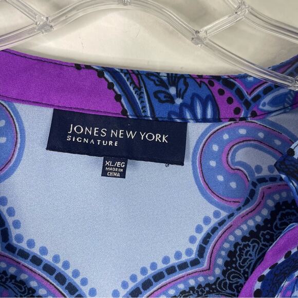 Jones NY blue purple pleated chiffon lightweight abstract button front top XL - Picture 5 of 7